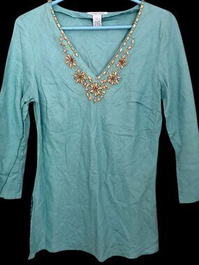 Luciano Dante Aqua Linen‎ Top L Beaded V-Neck 3/4 Sleeve Boho Coastal Beachy